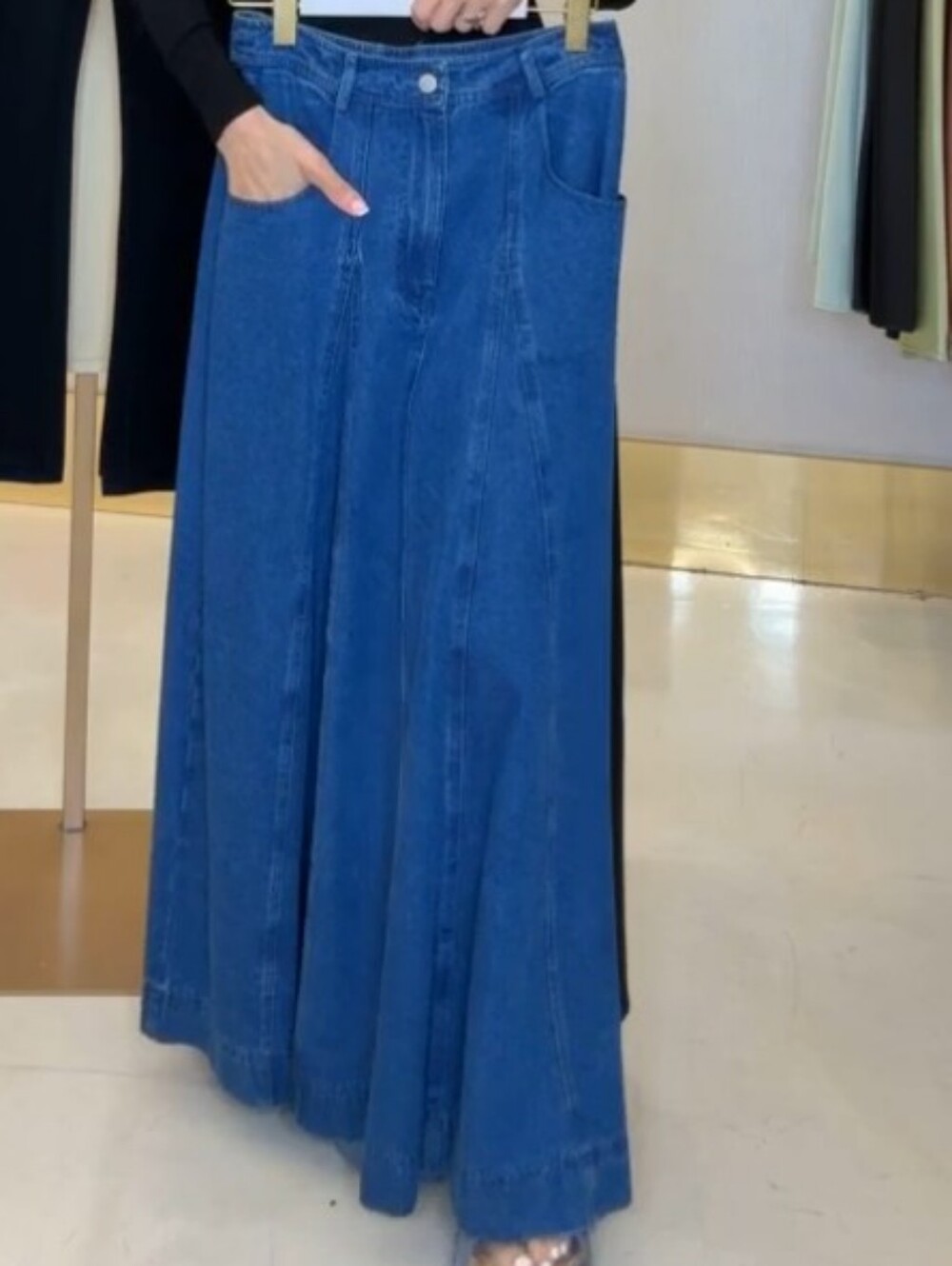 NWOT Aleeza Paris Sample Blue Denim A-Line Maxi Skirt - Picture 2 of 3